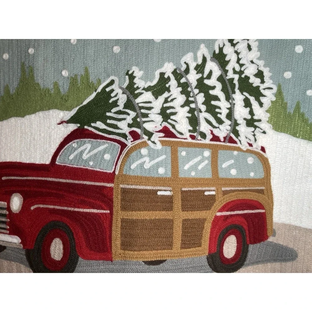 Pottery Barn Christmas Woody Wagon Car Truck Crewel Embroidered Cover 16x26